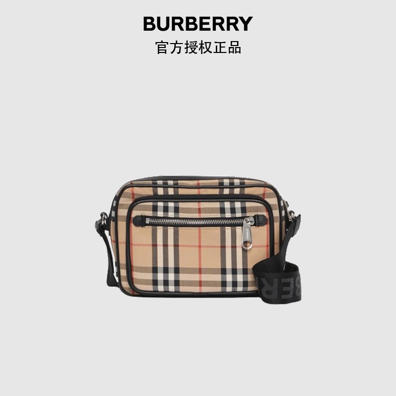 博柏利 BURBERRY【佳节礼赠】 男款典藏米色Vintage格纹拼皮革斜背包 80101521