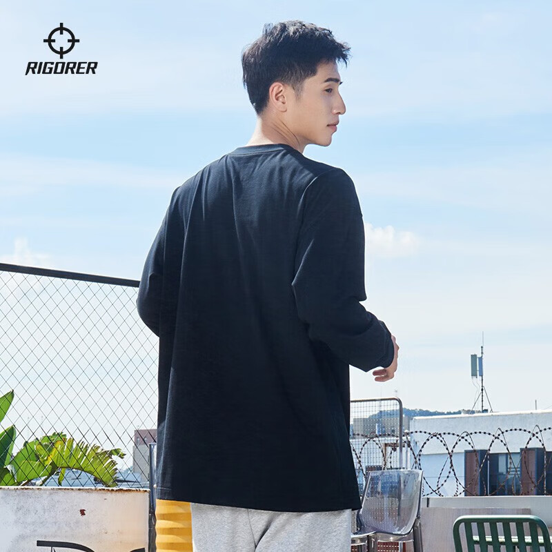 准者斗法长袖T恤男春季美式运动卫衣潮流刺绣纯棉透气打底衫 纯正黑(尺码偏大拍小一码)刺绣 S