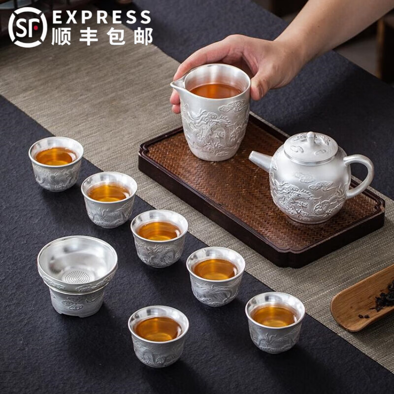 陶瓷鎏银纯银茶具套装办公家用功夫茶具龙凤茶具送长辈礼品礼盒装 鎏