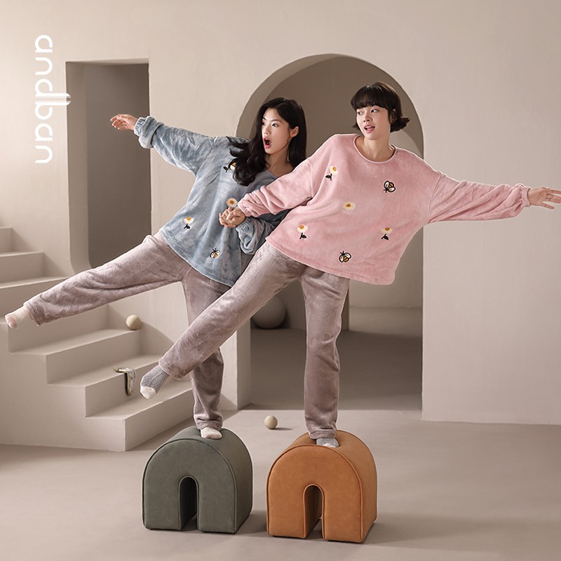 安之伴睡衣女秋冬法兰绒长袖套头圆领卡通多色保暖舒适可外穿家居服套装 冰兰(法兰绒锁温又柔软) L