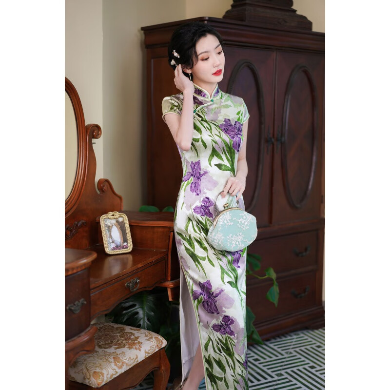 顾眷年真丝旗袍长款2023新款改良桑蚕丝旗袍复古时尚国风气质修身