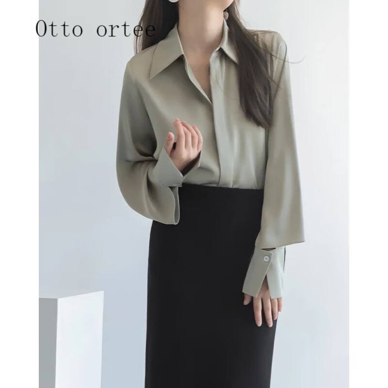 春秋法式醋酸缎面衬衫女装感设计感小众气质职业衬衣别致 灰湖绿 s