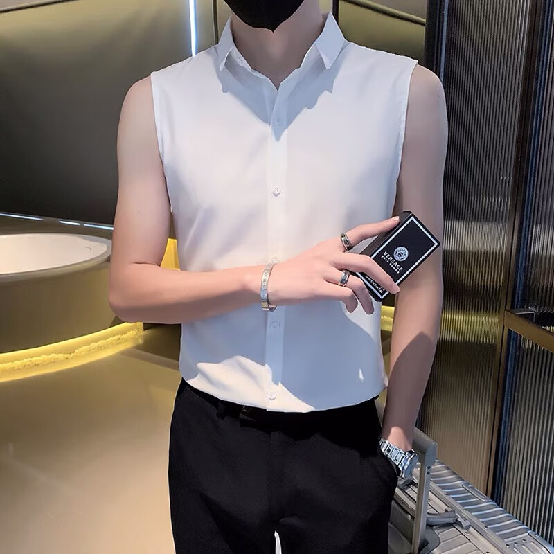 慕幕白色设计感背心衬衫男士商务休闲内搭打底衫ins潮牌无袖t恤2023夏