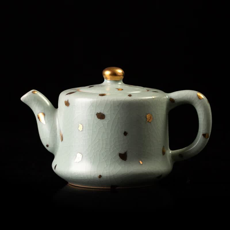 京峰阁 功夫茶具套装 汝窑拍金傲然茶壶茶杯可开片高档轻奢家用送礼盒装 拍金傲然茶壶套装 6人饮 17件