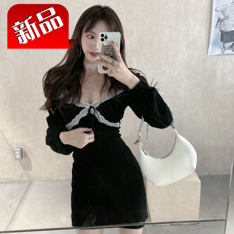 【高品质】复古蕾丝拼接领长袖连衣裙女2021修身3月