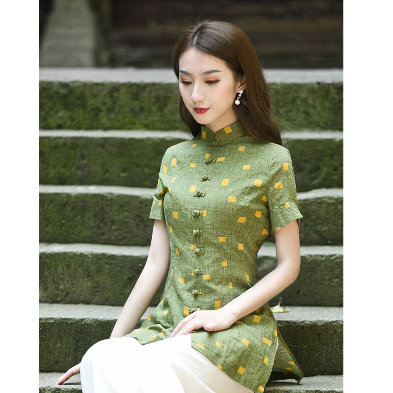 bicify旗袍改良版连衣裙棉麻绿色上衣女夏修身显瘦中国风民国风女装