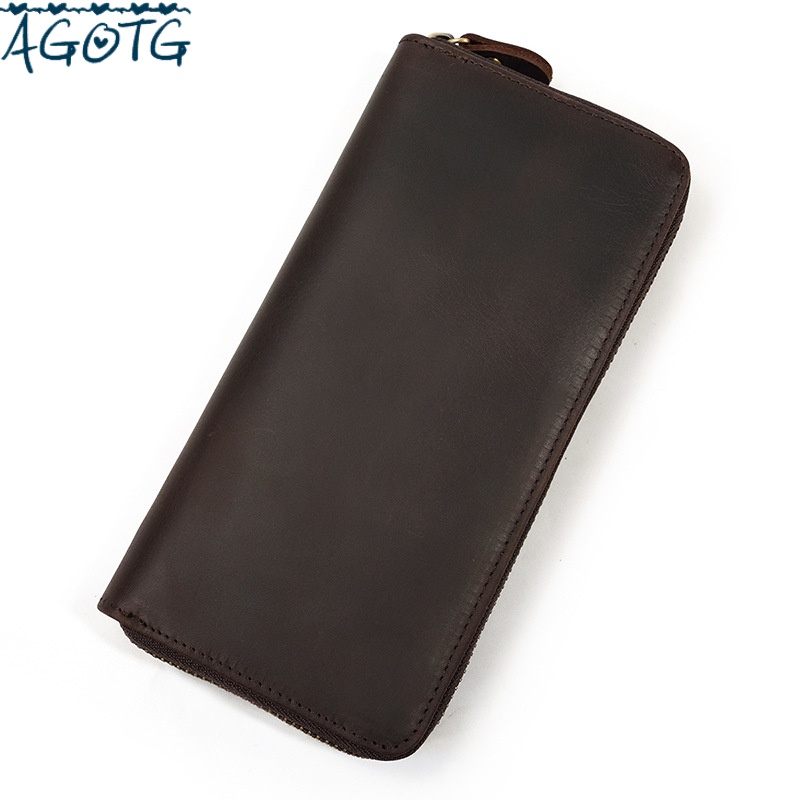 agotg品牌男士疯马皮钱包复古长款钱包真皮拉链钱包多卡位零钱包热款