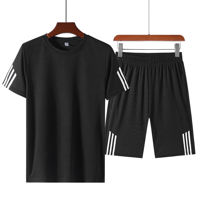 科弗森男装套装2021夏季短袖T恤男短裤两件套运动休闲健身跑步衣服 黑色 2XL