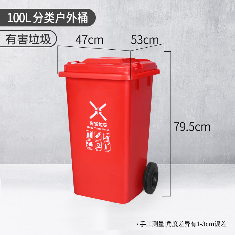 千惠侬TBTPC四色垃圾分类垃圾桶大号商用户外环卫带盖公共场合室 100升分类户外桶(红.有害垃圾)