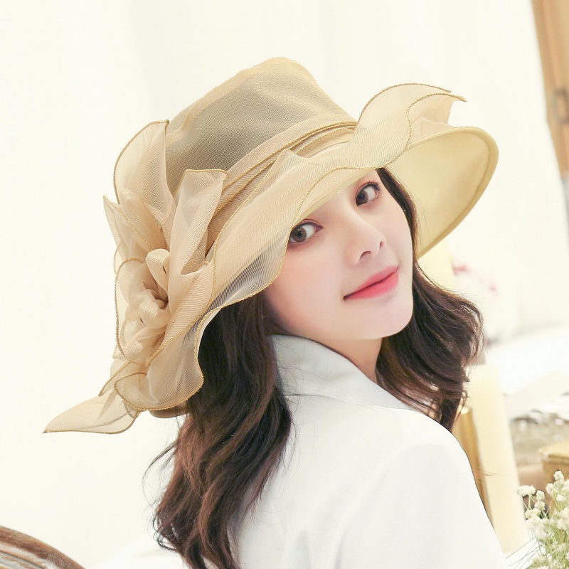遮阳帽子女太阳帽防晒防紫外线春夏凉帽纱帽沙滩帽欧根纱单朵花 豆沙