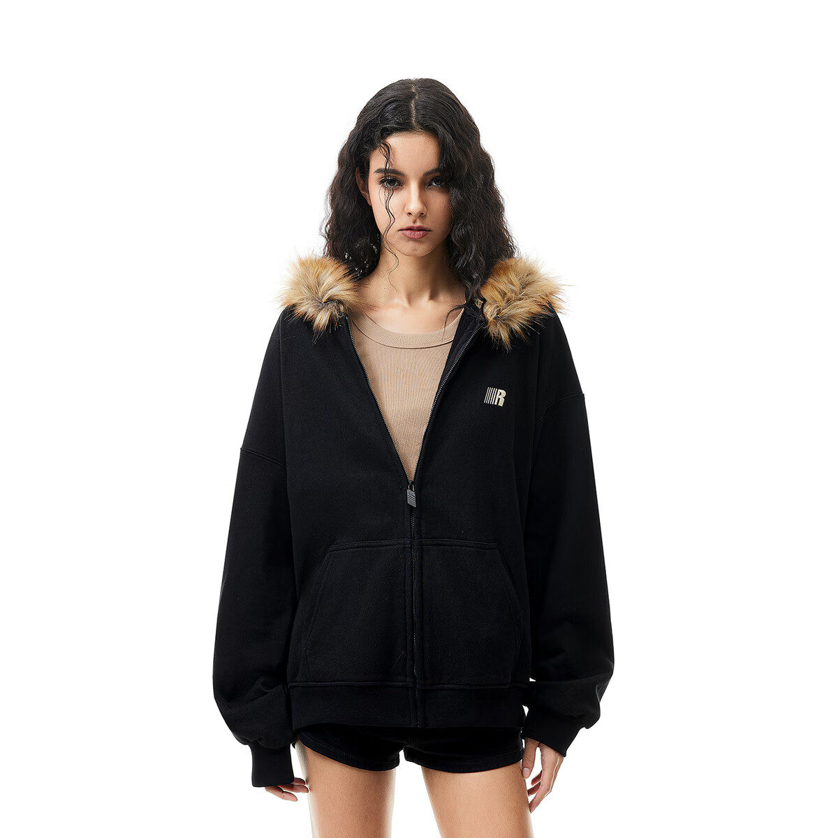 FDR旗舰店 美式复古毛领加绒开衫连帽卫衣男女秋冬季上衣外套 黑色 （不可拆卸毛领） L