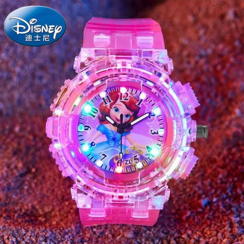 迪士尼（Disney）系列發(fā)光兒童手表艾莎公主玩具電子玩具表3-14歲卡通手表冰雪奇緣 大發(fā)光冰雪公主粉色【帶備用電子 【精美禮盒包裝】