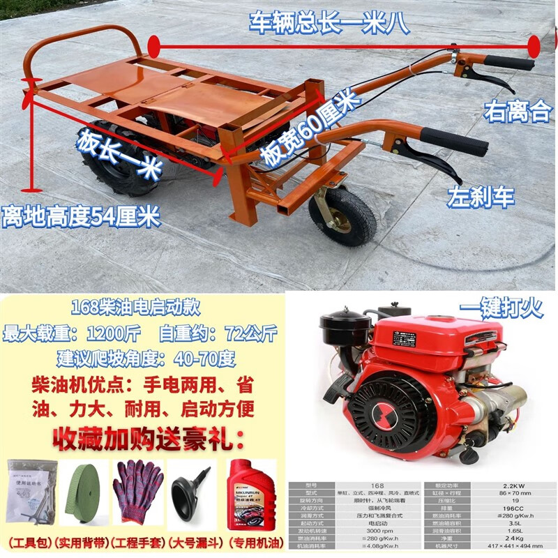 牛人（NIUREN）汽油電動(dòng)平板車三輪車果園雞公車工地手推車山地農(nóng)用獨(dú)輪車運(yùn)輸車 柴油168F電啟動(dòng)（大萬向輪）