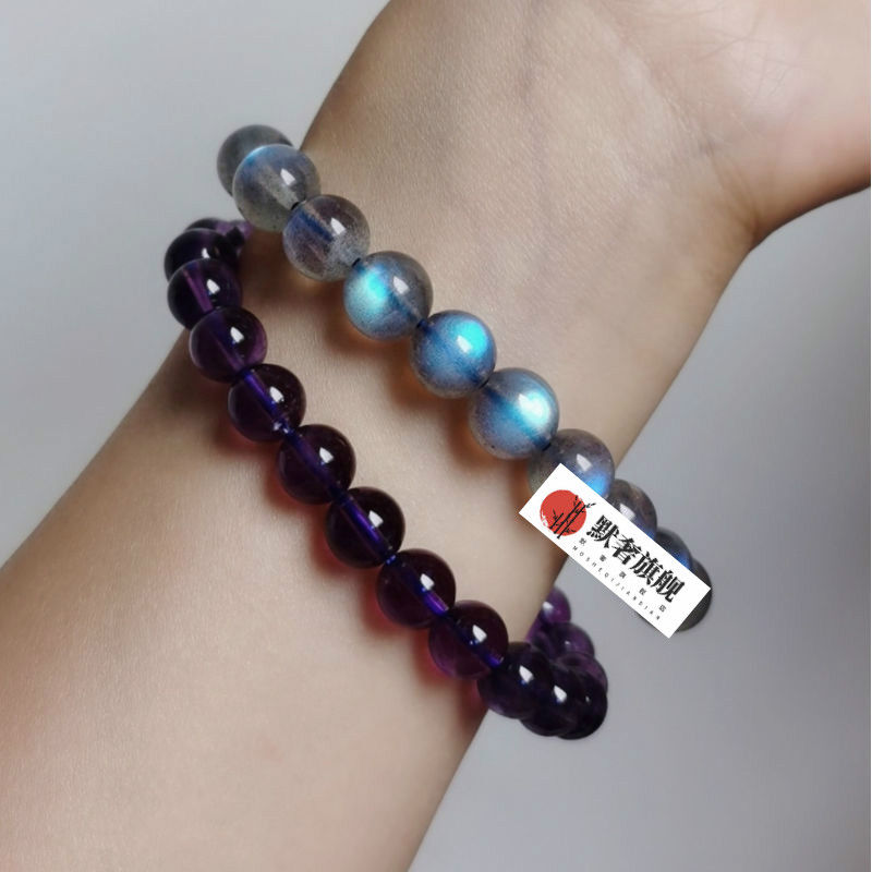 默奢 拉长石冰种蓝彩光喉轮神秘灯泡水晶手串 手链 9mm