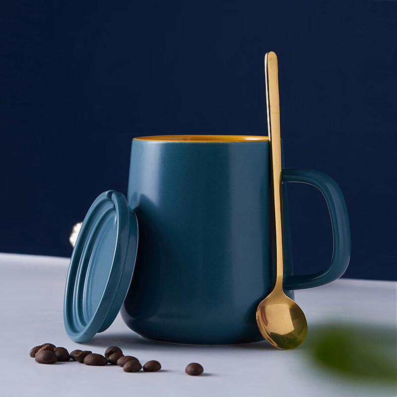 传旗陶瓷马克杯450ml大容量咖啡杯带勺盖牛奶杯茶杯办公水杯子茶杯 蓝