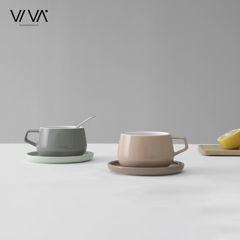 VIVA scandinavia咖啡杯耐高温陶瓷马克杯欧式简约家用拉花杯咖啡杯碟套装250ml 米黄色【杯+碟】【v79741】
