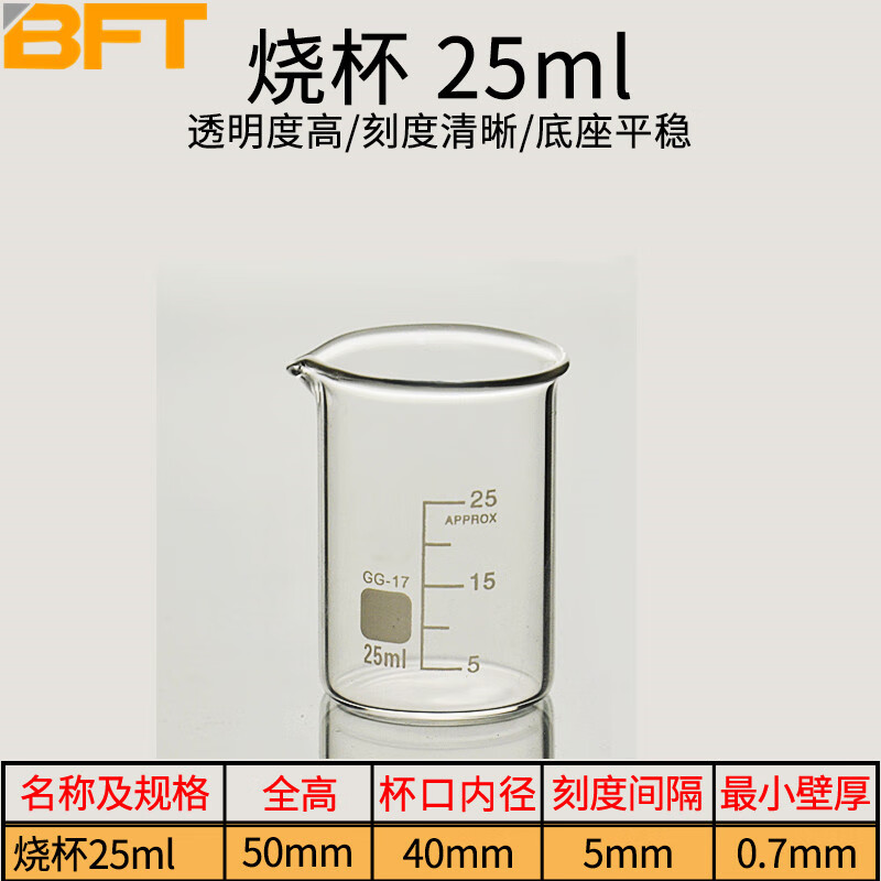 玻璃烧杯 实验室加厚耐高温可加热高硼硅17料化学器材带刻度烧杯 25ml