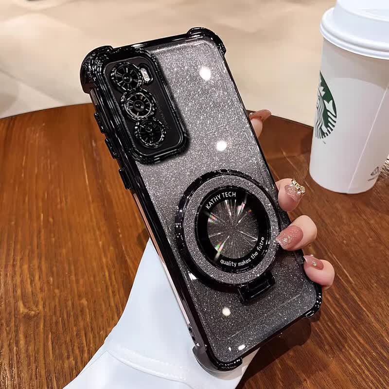 迪特貅四角气囊防摔适用opporeno12手机壳新款reno13Pro手机套11PRO闪粉磁吸支架Ren08Pro透明自带镜头膜 四角防摔气囊壳【电镀黑+闪粉支架】+渐变闪卡 OPPO Reno12