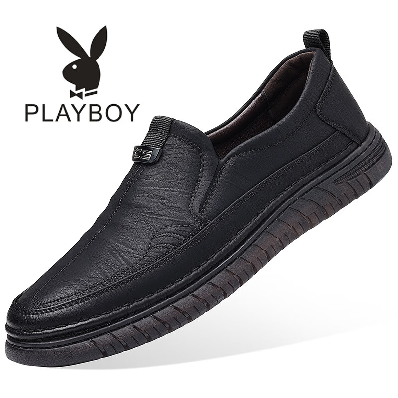花花公子（PLAYBOY）皮鞋男夏秋新款休闲鞋真皮男士皮鞋软牛皮透气商务男鞋豆豆鞋子男 黑色 38