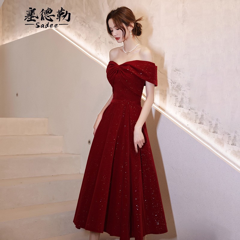 塞德勒敬酒服新娘2022新款红色一字肩订婚礼服平时可穿回门连衣裙小个子 酒红色中长款 L(建议106-115斤)怎么样,好用不?