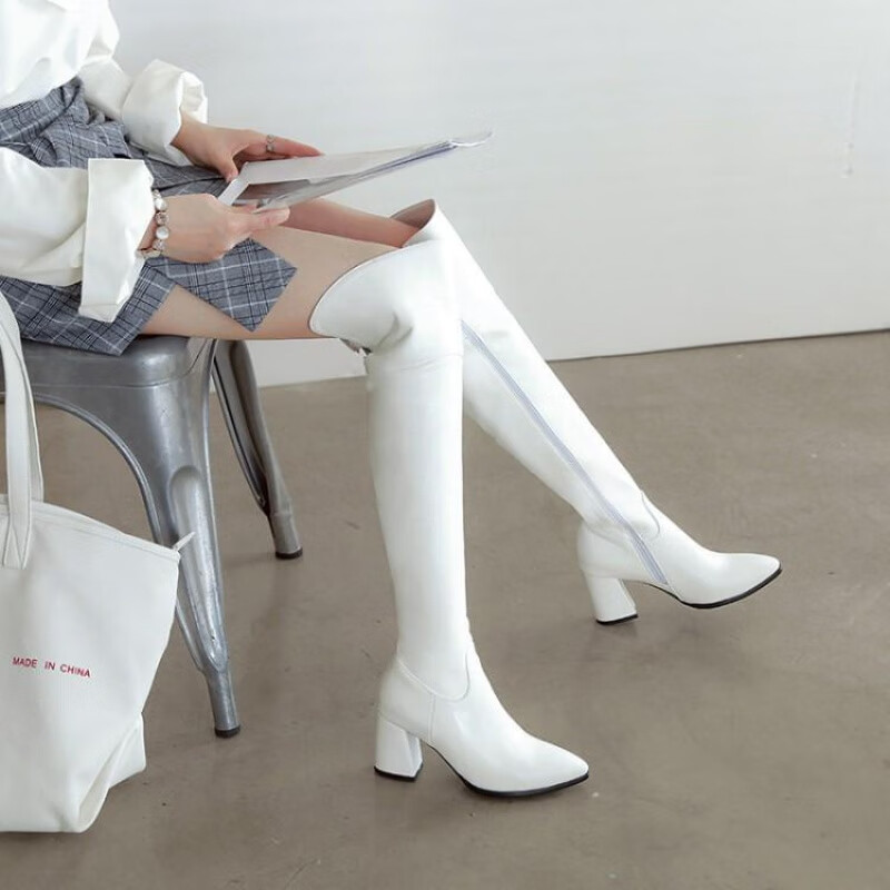 歌莱兔秋冬新款高筒过膝靴白色长靴女显瘦侧拉链粗跟中跟骑士靴子