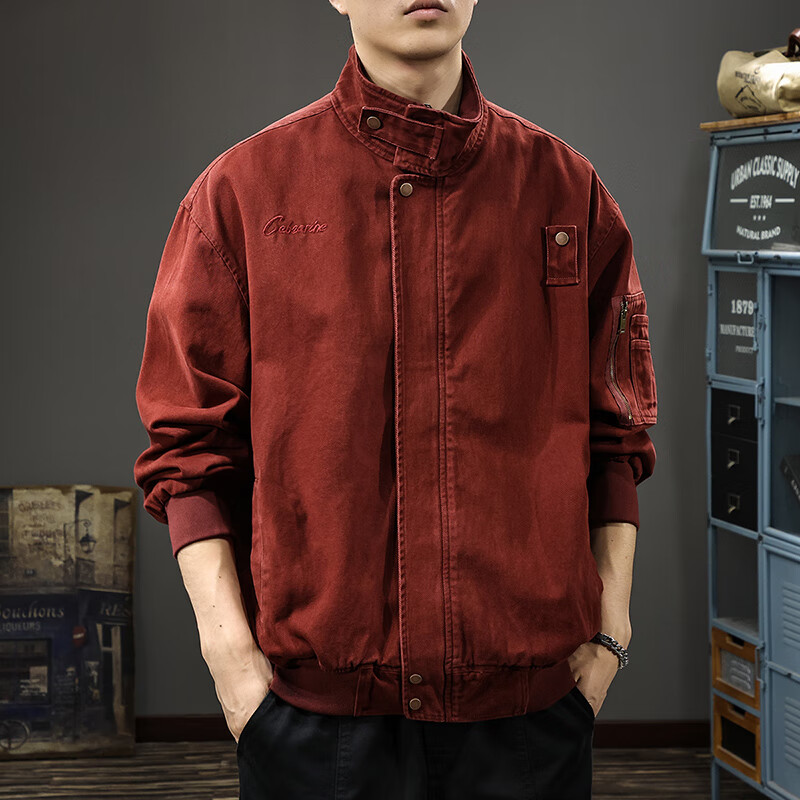 邦约恋人秋冬款立领纯棉工装男夹克美式复古潮牌猎装上衣宽松刺绣休闲外套 红色 3078 L 合适体重130-145斤