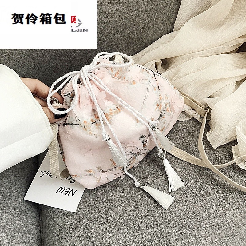 2020手工蕾丝布包复古风汉服包袋流苏斜挎手提女包小清新 粉色