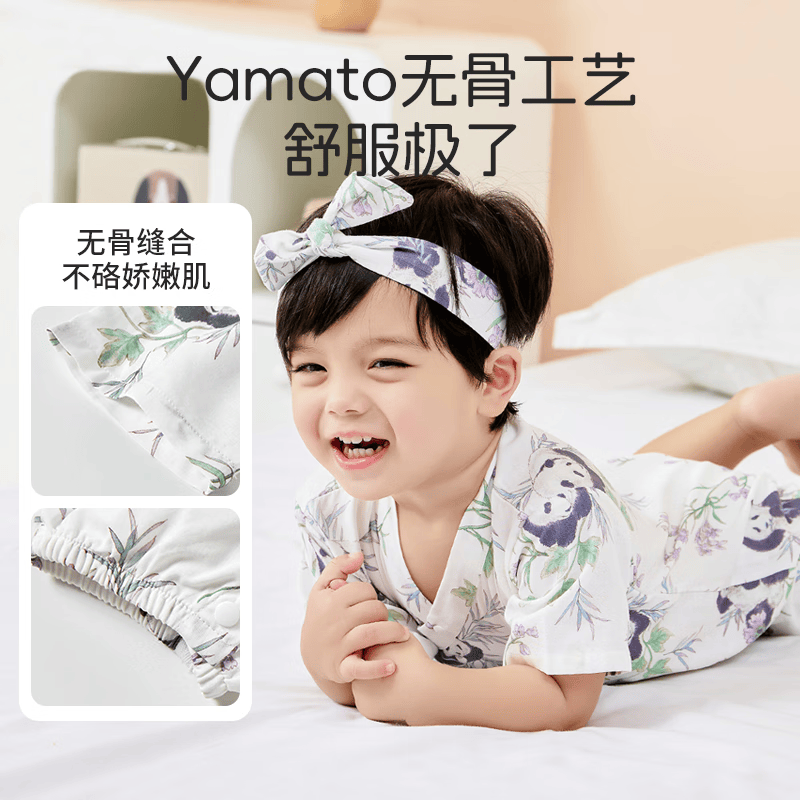 贝谷贝谷婴儿睡袋新生儿连体衣和尚服爬服短袖夏季竹棉纱布宝宝护肚空调服 菠萝蜜语 80码