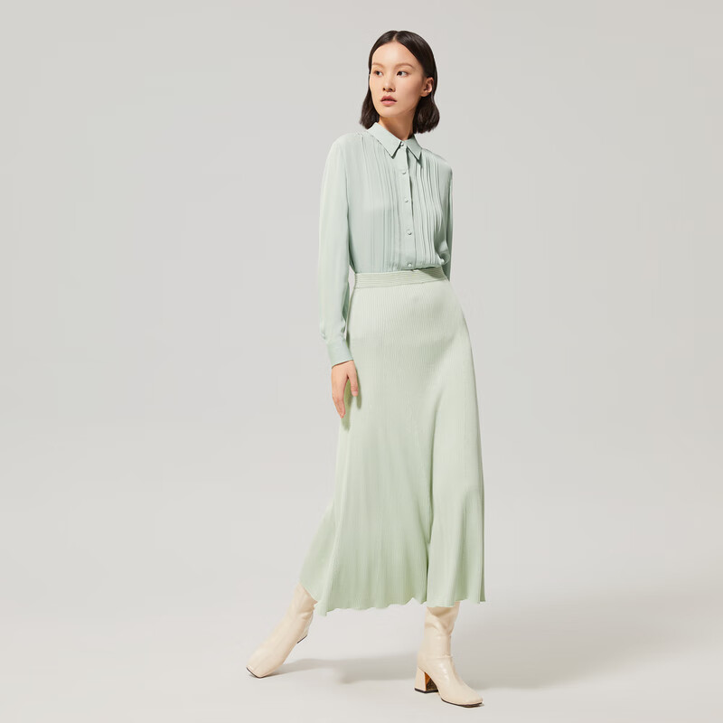 OVV 【重磅真丝】2022秋冬新款女装19姆米双乔翻领百褶长袖衬衫 浅绿B7 S