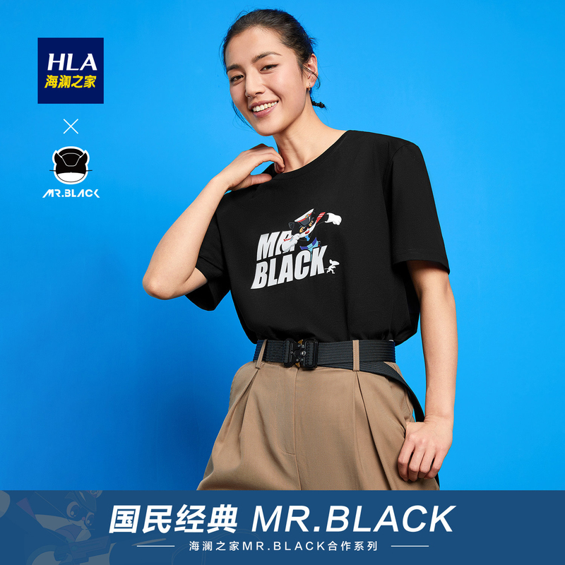 HLA海澜之家MR.BLACK系列趣味时尚男女同款休闲印花短袖联名t恤HNTBJ2Q410A 黑色花纹R0 180/96A/XL