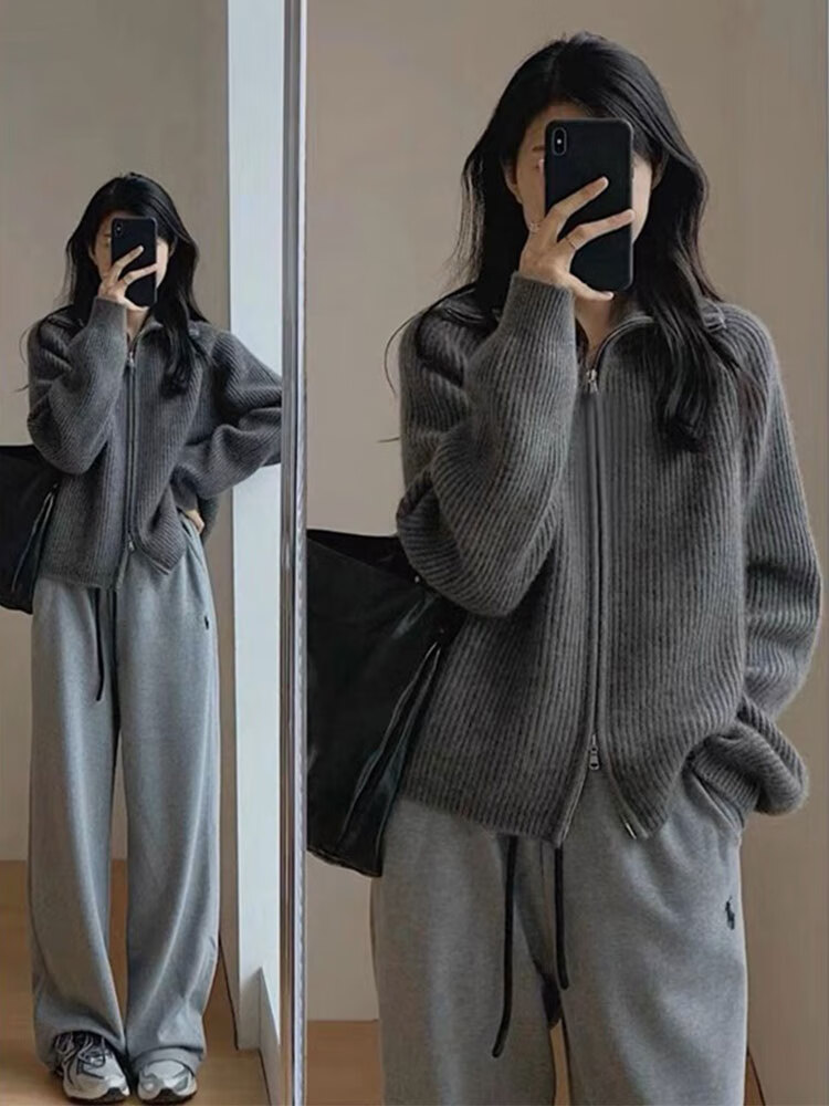 狮奥利兴东莞大朗针织衫灰色质感miu系穿搭毛衣女2024新韩翻领拉链