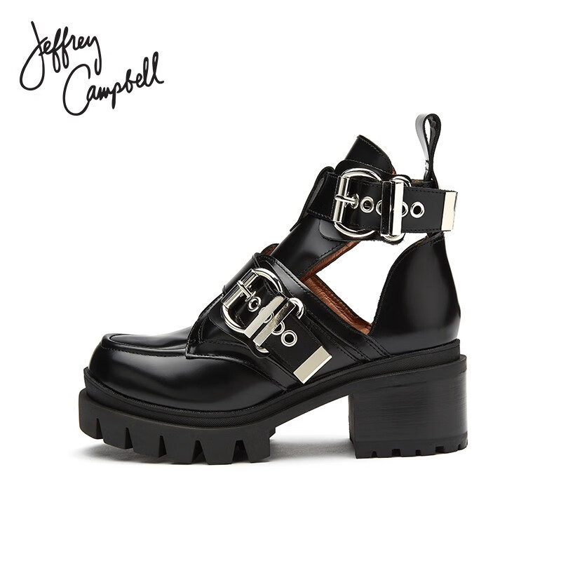 Jeffrey Campbell2021年春季新品黑色时尚欧美方跟帅气金属扣带女鞋 黑色 7