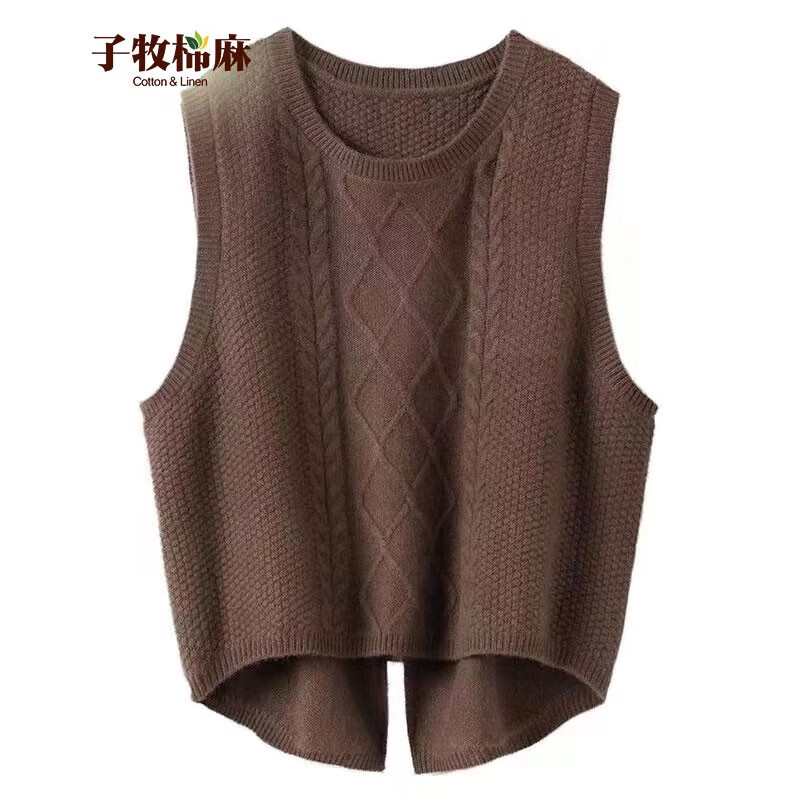 子牧棉麻秋装 女韩版百搭针织背心宽松显瘦无袖坎肩马甲3718 深咖色 均码(建议95-130)