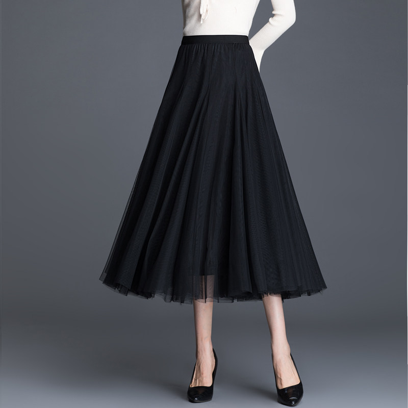 德朔春夏款职业女沙裙网纱半身裙子女春夏遮胯显瘦黑色纱裙中长款百褶