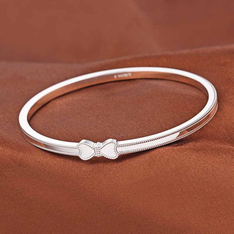 百年凤祥细圈闭口银手镯9999女时尚小清新蝴蝶结封口式实心银镯子