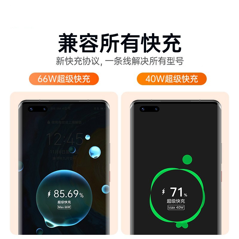 105922-适用6A华为数据线Type-c快充66W充电线充电器头mate40Pro/p50/nova8荣耀驰界 【6A超级快充】Type-C闪充线【1米】-详情图