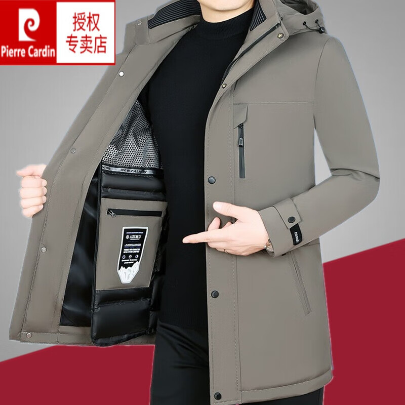 皮尔卡丹高档羽绒服男外套秋冬款中长款鹅绒连帽可拆卸内胆加厚三防派克服 69518卡其 M (90-110斤)