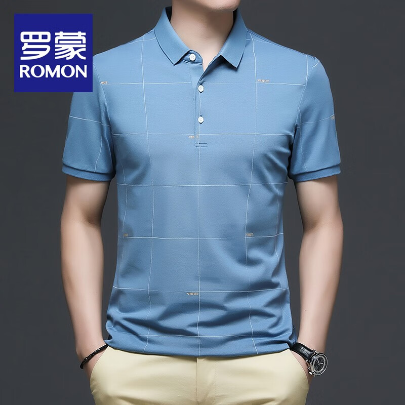 罗蒙短袖男T恤2021夏季新款休闲翻领t恤格子修身高端潮流百搭 蓝灰色 XL