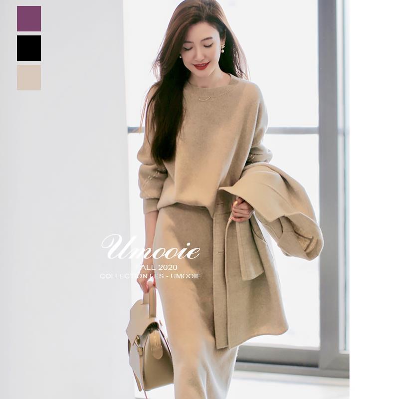 毛衣套装2020年冬季韩版时尚气质显瘦针织上衣半身裙 卡其色 2XL（建议135-150斤）