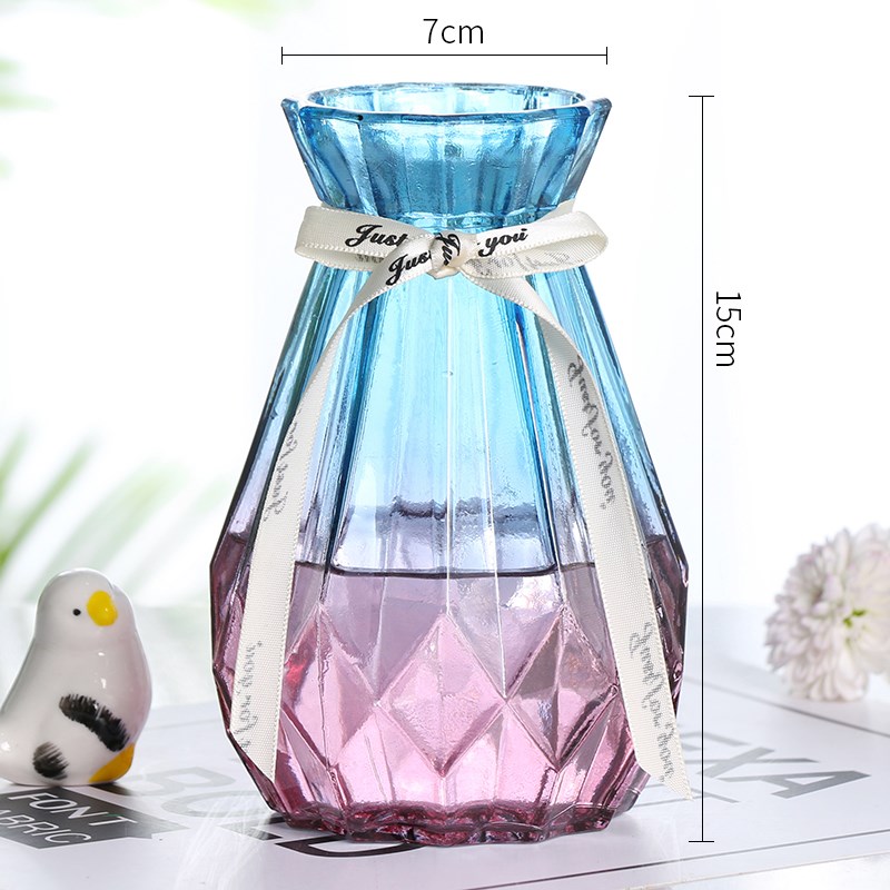 花瓶 透明玻璃水培绿萝花盆 插花器皿鱼缸 多款可选 诺蓝紫 丝带 中等