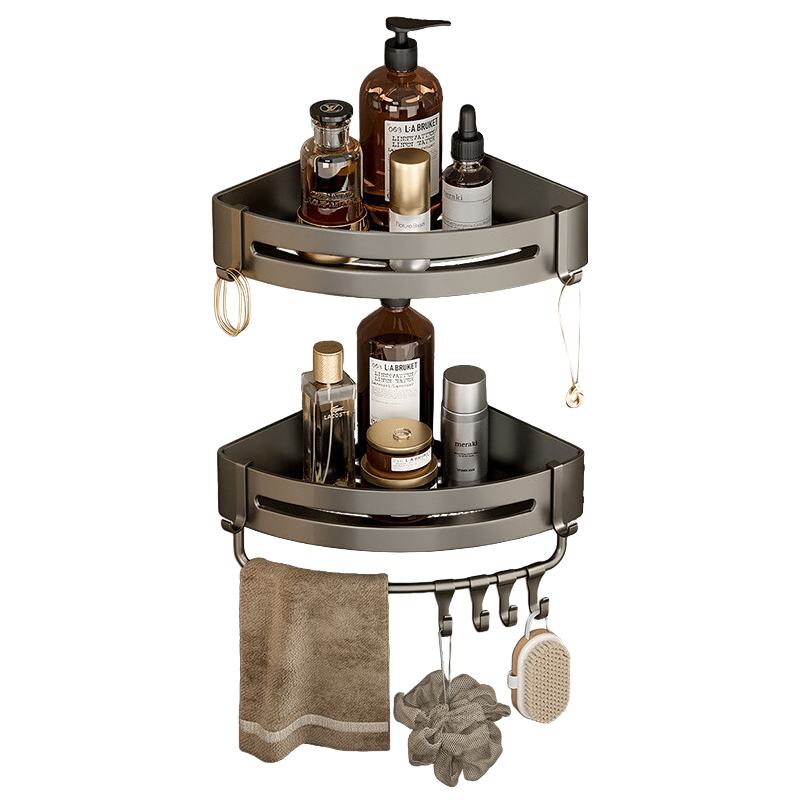 爾沫衛(wèi)生間置物架免打孔帶掛鉤太空鋁轉(zhuǎn)角置物架浴室洗手間化妝收納架 槍灰三角籃*1+帶桿*1 升級款