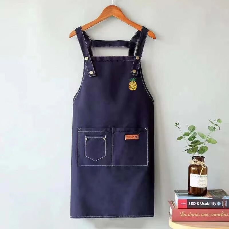欧格达日系可爱帆布牛仔背带围裙可印logo防水防油围裙加厚耐磨厨房围裙 黑色牛仔菠萝