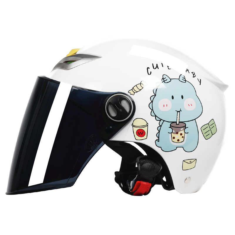 野馬（YEMA）兒童頭盔3C認(rèn)證電動摩托車3-7-12歲男女孩國標(biāo)夏季電瓶車安全帽 白色小恐龍【茶色鏡】 均碼（3歲-12歲）