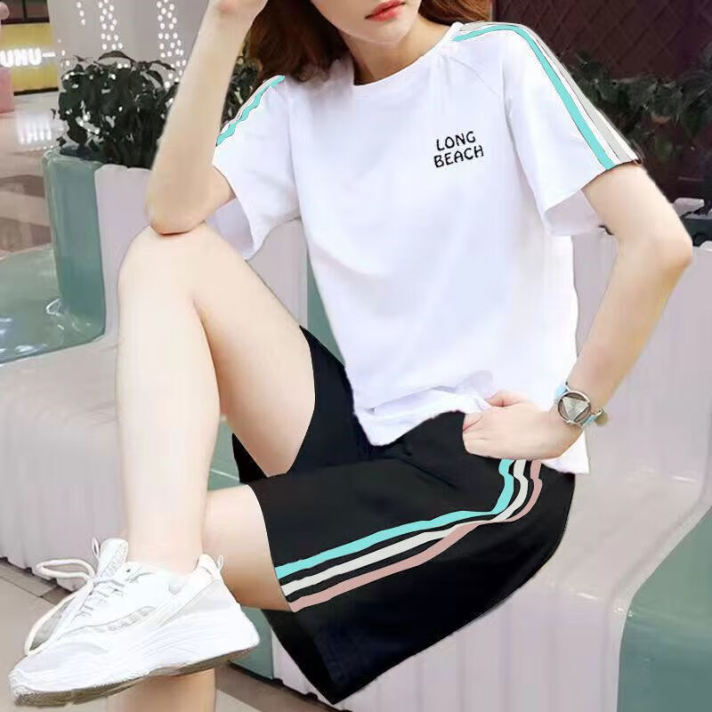 邦菲尔纯棉休闲运动服套装女夏季新款大码宽松学生短袖短裤两件套潮 单件白色三色上衣字母 4XL 建议160-180斤