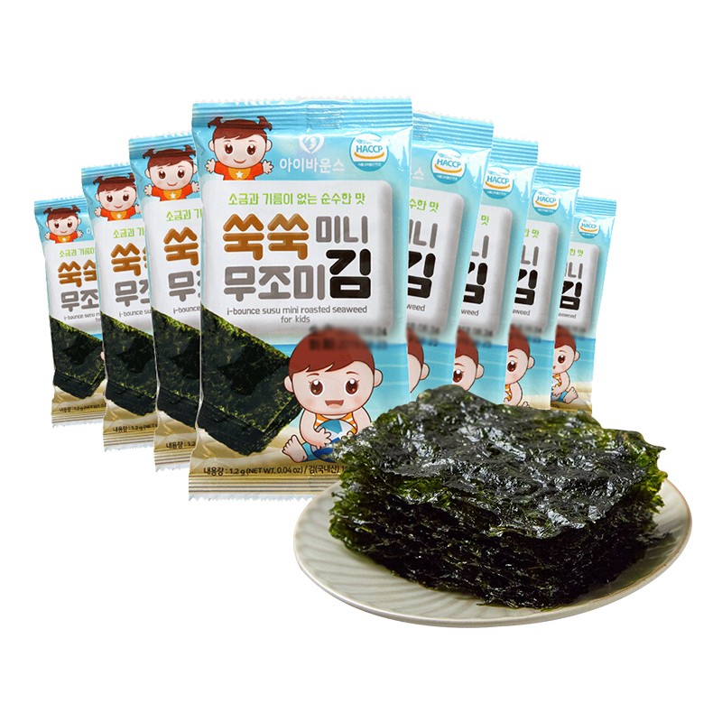 韩国进口 婴鑫海苔 儿童休闲零食 香脆紫菜烤海苔 不添加食盐原味有机海苔1.2g*8包