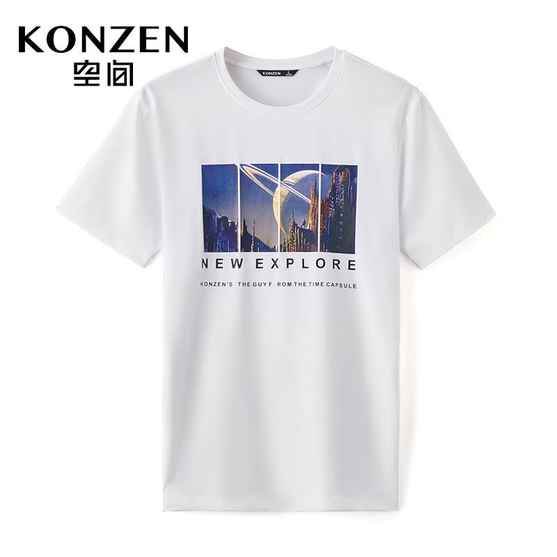 KONZEN空间男装2021商场同款夏时尚科幻图印花纯棉圆领短袖上衣 01白色 170/88A/M
