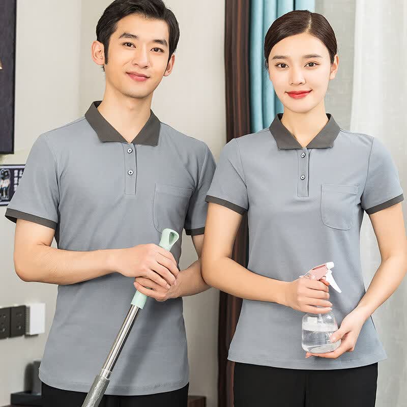 京功夏季保洁工服女短袖物业保洁工作服翻领t恤家政企业公司医院 灰色