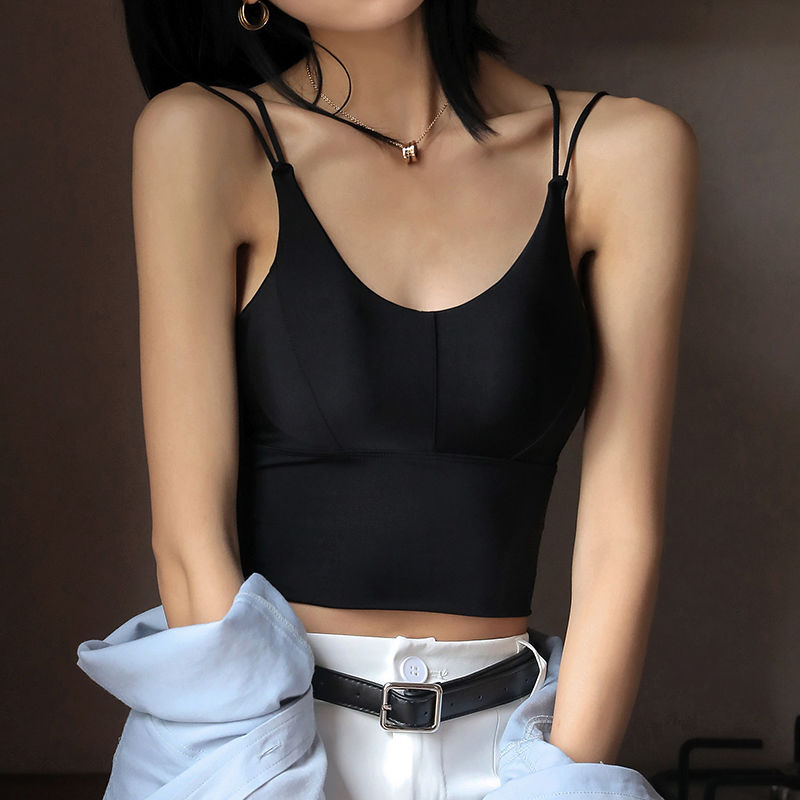 冰丝吊带内搭打底小背心女薄款美背内衣小胸聚拢外穿抹胸带胸垫 黑色