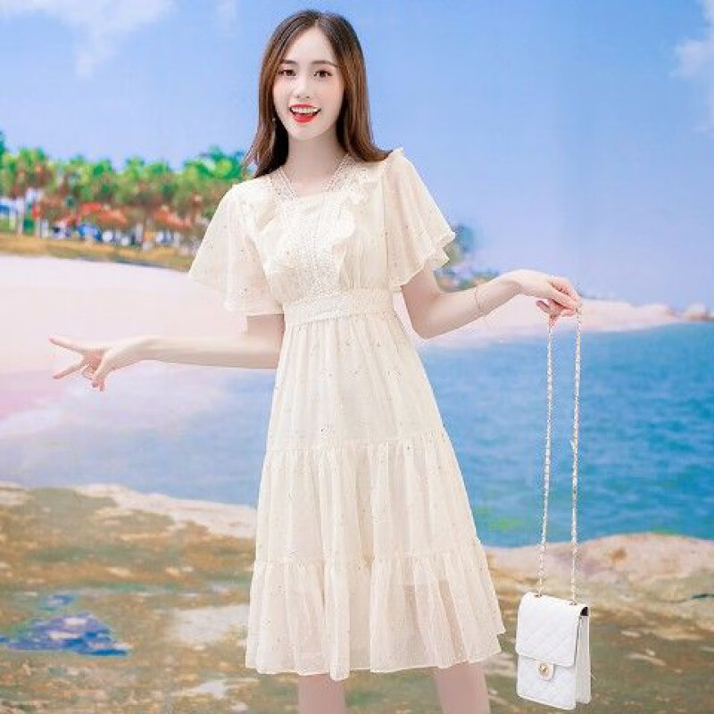 雪纺超仙连衣裙2024年新款小清新收腰裙子女夏温柔风初恋仙女长裙 浅