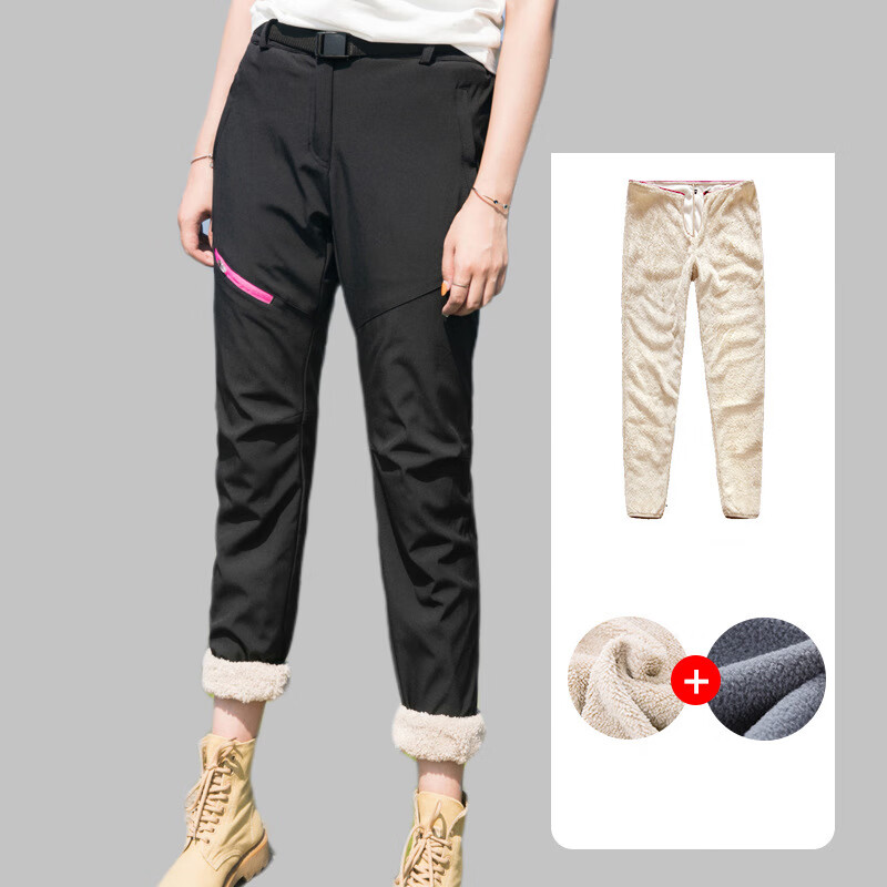 法国Jerrie Mock户外冲锋裤男女冬加绒加厚双层羊羔绒抓绒防风零下20度滑雪服 女-黑色 L